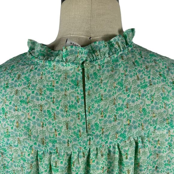 JOIE Pastel Green Cap Sleeve Metallic Floral Popover Blouse Women's XL Top - Picture 5 of 8